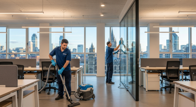 Professional cleaner vacuuming a modern open-plan office in Manchester city centre