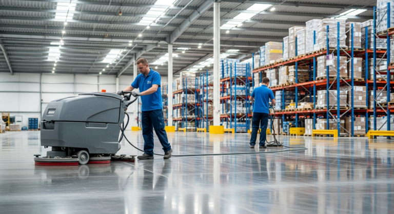 Industrial floor scrubber cleaning a warehouse facility in Trafford Park, Manchester