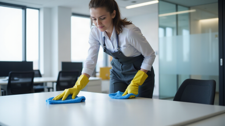 Professional cleaner wiping office desk with microfibre cloth, Manchester
