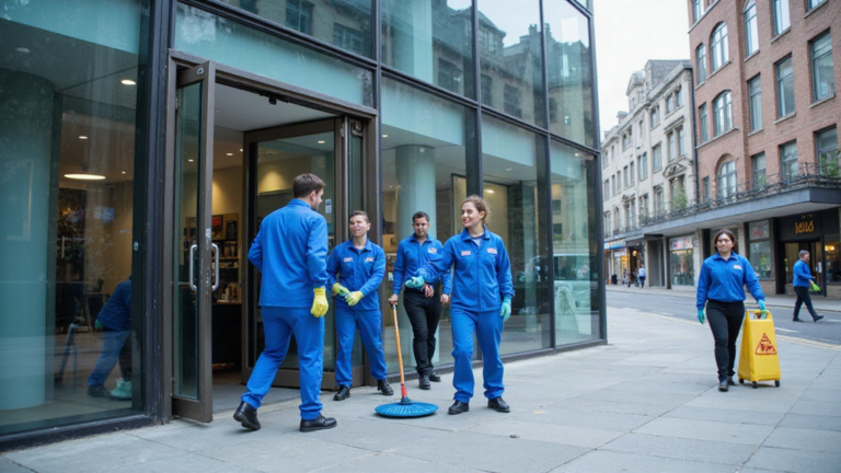 Professional cleaning team arriving at Manchester office building