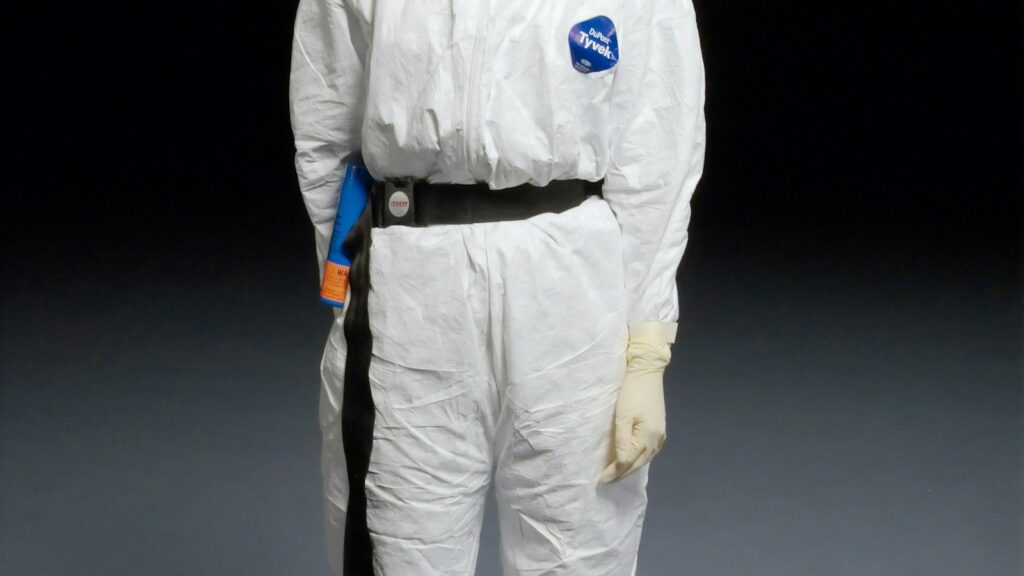 Person wearing a white protective suit for hazardous cleaning