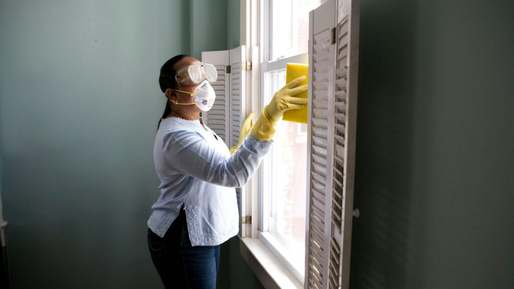 Cleaner in a mask and gloves washing an office window