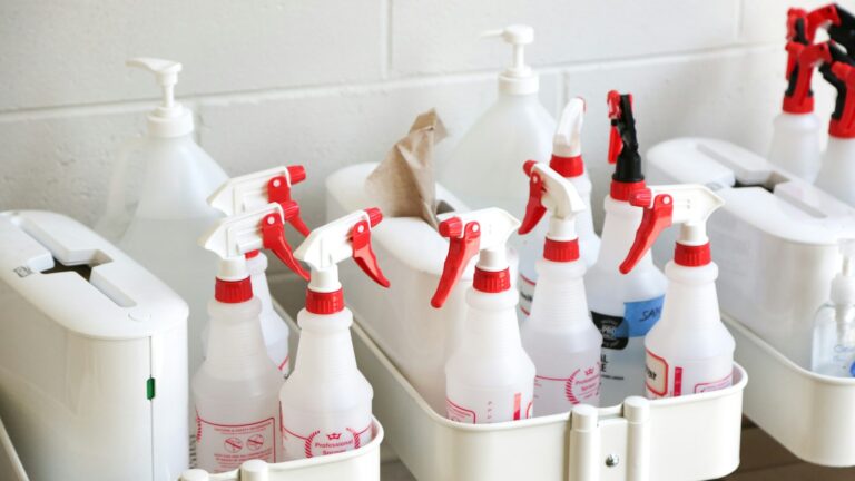 Cleaning sprays and chemical bottles stored together in a caddy