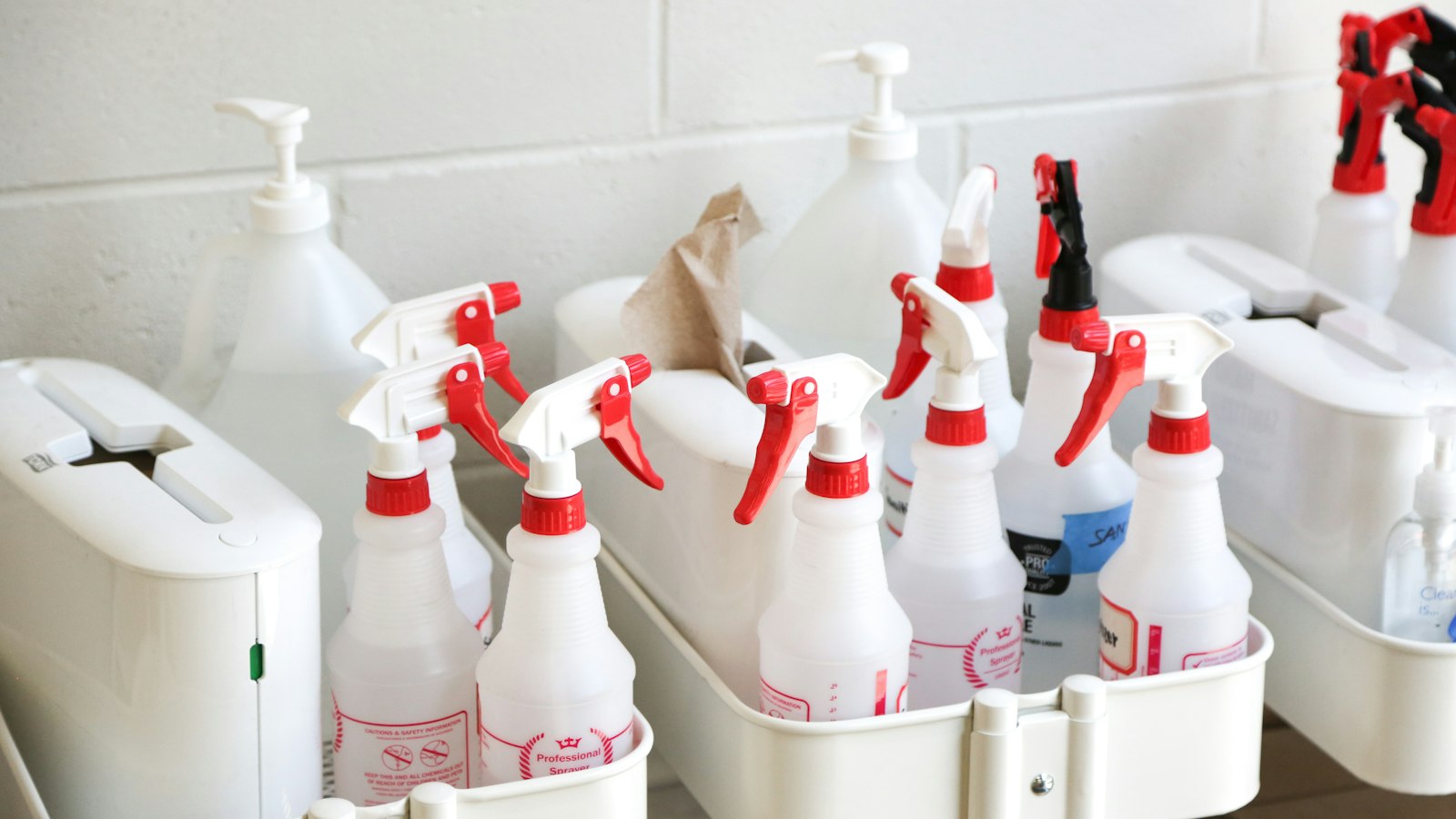 Cleaning sprays and chemical bottles stored together in a caddy