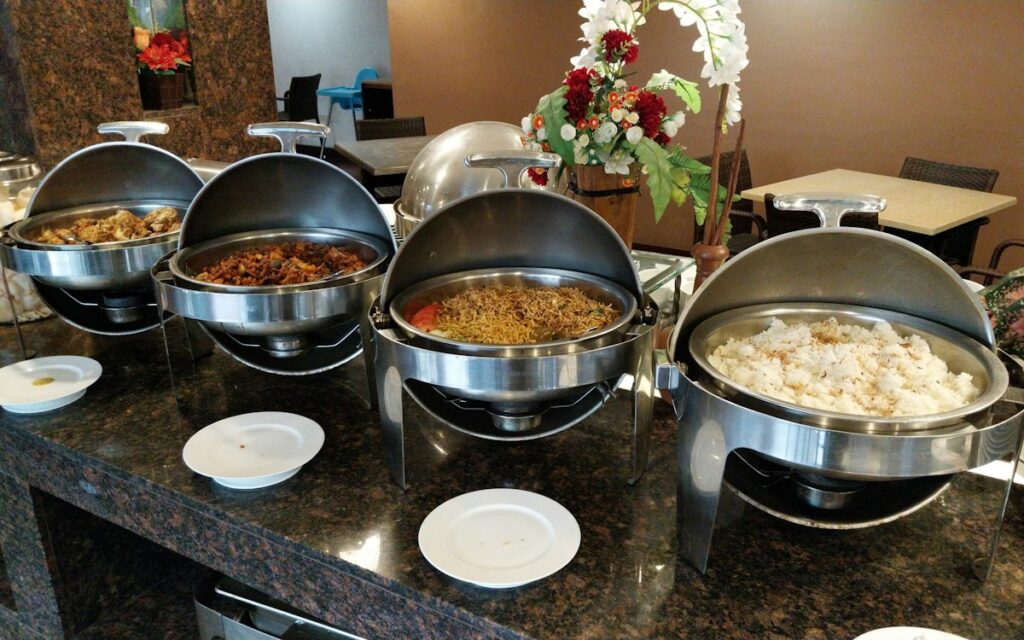 Hotel buffet with chafing dishes