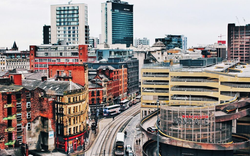 Rooftop view over Manchester city centre buildings
