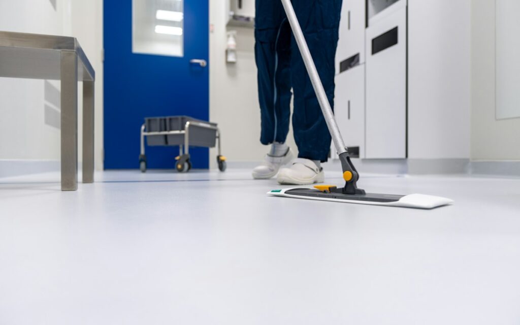 Cleaner in scrubs mopping a clinical hallway floor