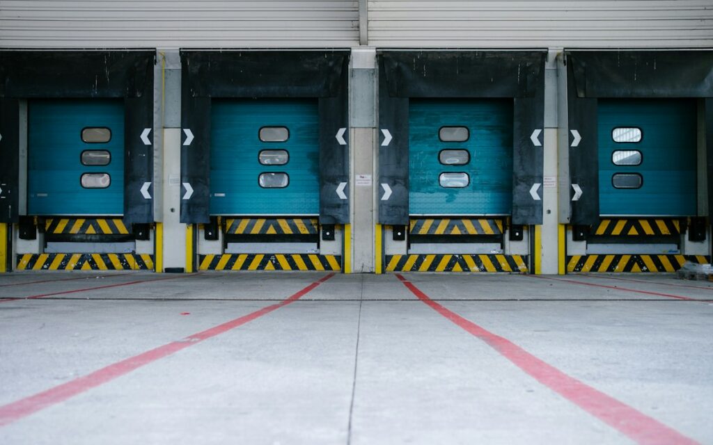 Row of loading bay doors at a warehouse